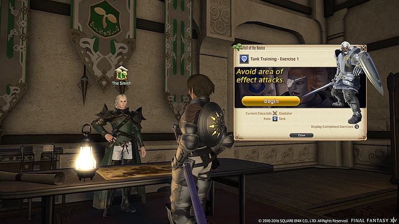 Adventurer prepares for exercise in Hall of the Novice, Final Fantasy XIV: Heavensward (2015)