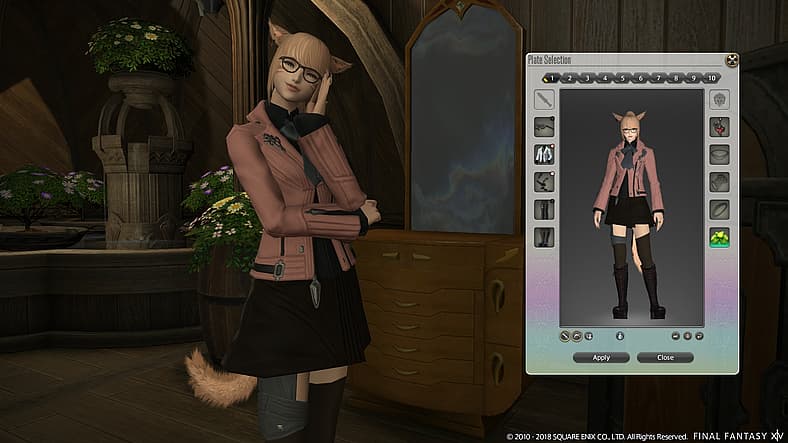 A Miqo'te adventurer applies her Glamour Plate in Final Fantasy XIV: Stormblood (2017), Square Enix