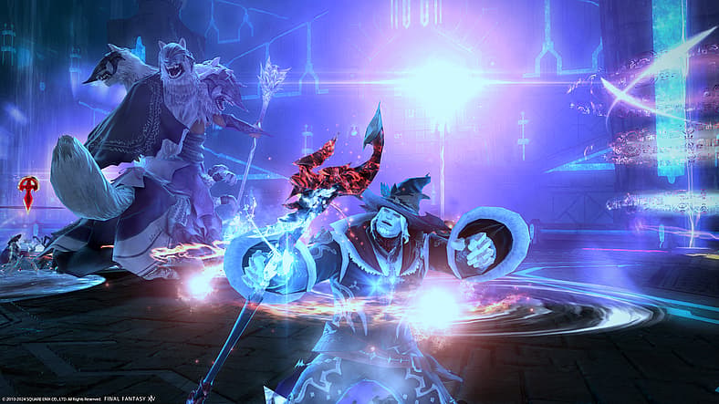 Roegadyn Black Mage frozen while Scylla assaults allies in Final Fantasy XIV: Endwalker (2021)