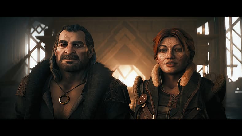 Varric (Brian Bloom) and Harding (Ali Hillis) meet their new party leader in Dragon Age: The