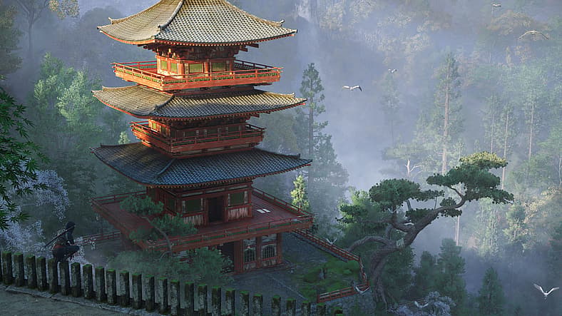 Naoe looks out over Japanese forest and pagoda in Assassin's Creed Shadows (2024), Ubisoft