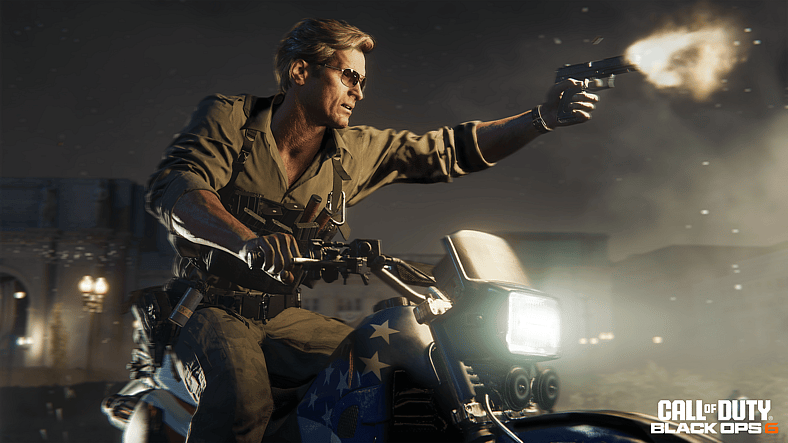 Russell Adler fires his pistol while riding a motorcycle in Call of Duty: Black Ops 6 (2024)