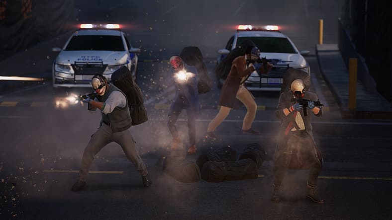 Chains, Hoxton, Dallas, and Wolf surrounded by cops in Payday 3 (2023), Deep Silver