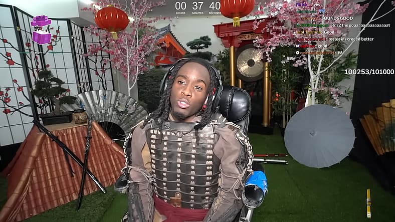 Kai Cenat in full samurai garb for Ghost of Tsushima (2023) playthrough