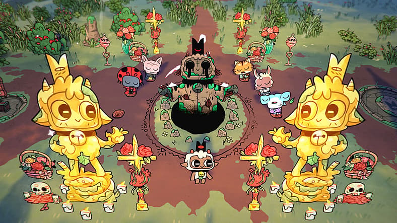 The Lamb looks out on his graven images in Cult of the Lamb (2022), Devolver Digital