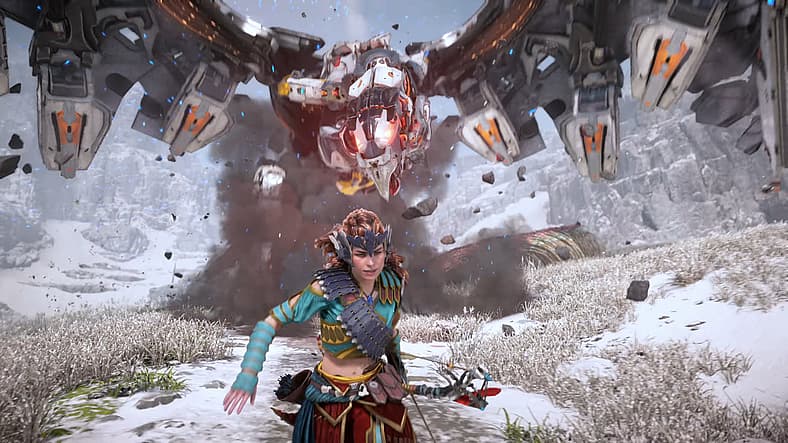 Aloy (Ashly Burch) flees from a Stormbird in Horizon Zero Dawn Remastered (2024), Guerilla Games