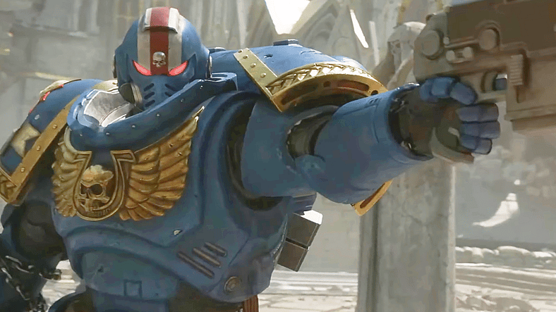 Titus (Clive Standen) draws his side arm in Warhammer 40,000: Space Marine 2 (2024), Saber