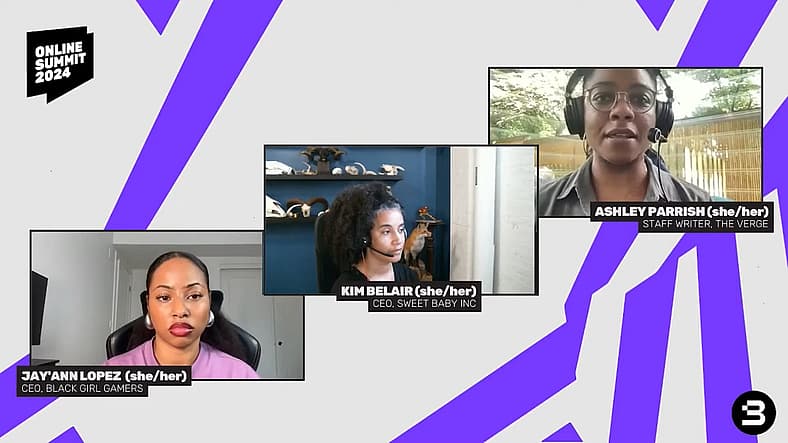Black Girl Gamers CEO Jay'Ann Lopez, Sweet Baby Inc. CEO Kim Belair, and The Verge reporter Ash
