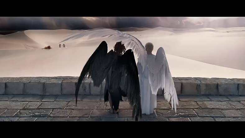 Crowley and Aziraphale watch over Adam and Eve in Good Omens Season 1 Episode 1 "Arrival" (2019)