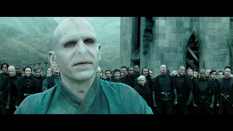Lord Voldemort (Ralph Fiennes) assembles forces for Battle of Hogwarts in Harry Potter and the