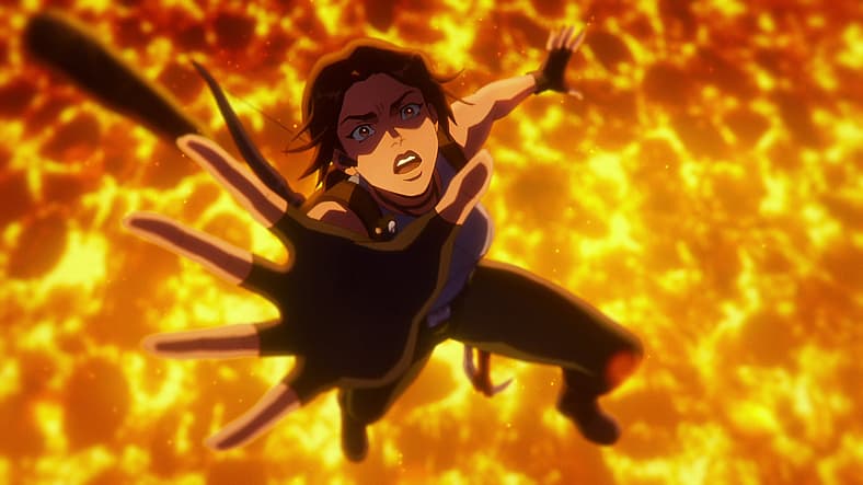 Lara Croft (Hayley Atwell) falls into a volcano in Tomb Raider: The Legend of Lara Croft (2024)