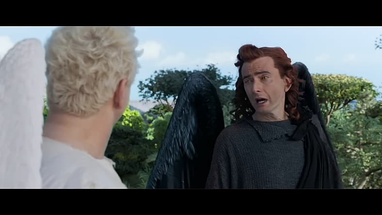 Crowley and Aziraphale chat above Garden of Eden in Good Omens Season 1 Episode 1 "Arrival" (2019)