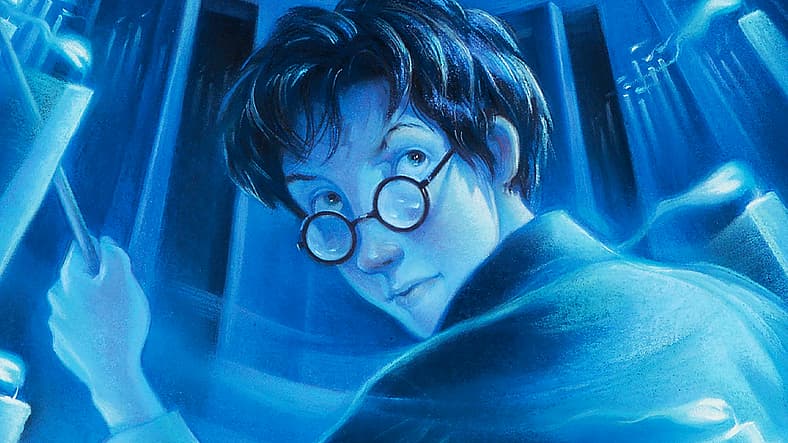 Harry Potter caught between rotating doors of the Department of Mysteries on Mary GrandPré's cover