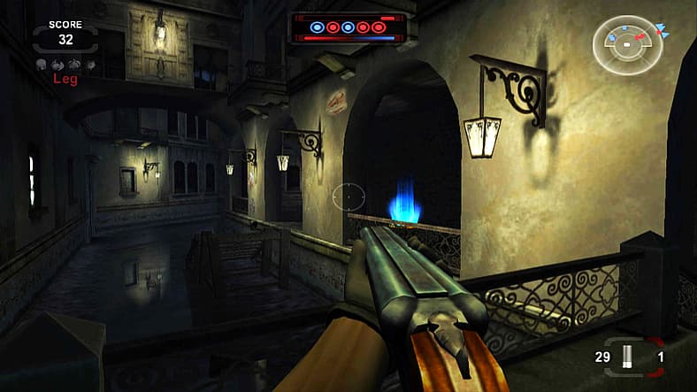 Player wielding double barrel shotgun in zone match in Venice in TimeSplitters: Future Perfect