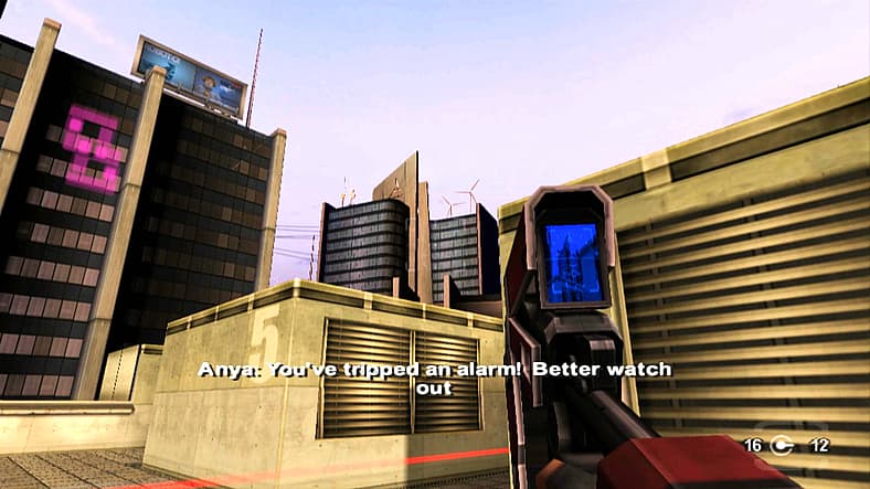 Anya informing Cortez of an alarm from the future in TimeSplitters: Future Perfect (2005)