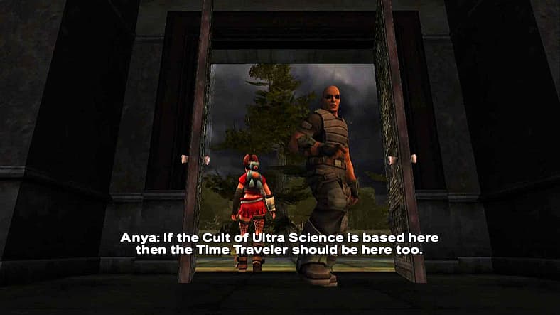 Jo-Beth and Cortez entering the Brotherhood of Ultra Science mansion in TimeSplitters: Future