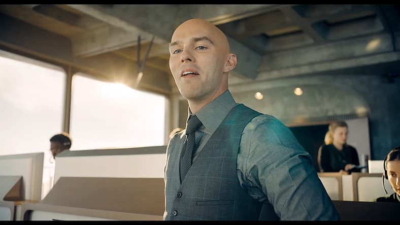 Lex Luthor (Nicholas Hoult) revels in Superman (David Corenswet) struggling in Superman (2025), DC