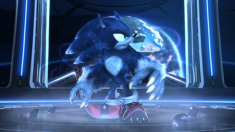 Sonic moments after turning into Werehog, about to be sucked into space in Sonic Unleashed (2008)