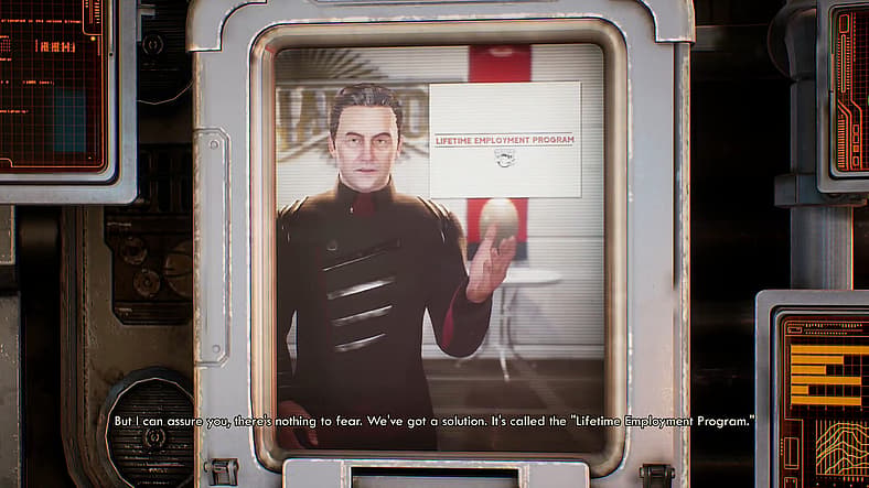 Chairman Rockwell explains the Lifetime Employment Program in The Outer Worlds (2019), Obsidian
