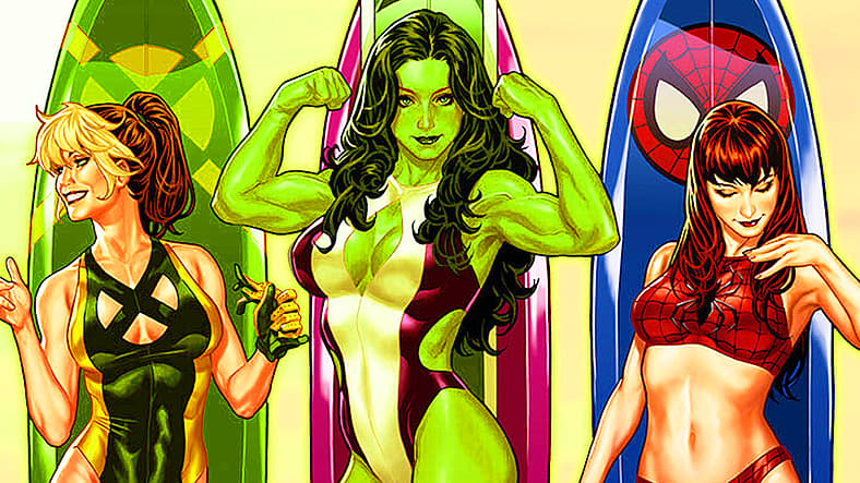 Rogue, Savage She-Hulk, Mary-Jane and Black Widow on beach on Mark Brooks' cover to Marvel Swimsuit
