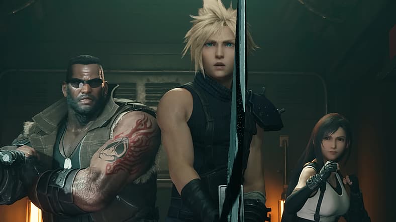 Barret (Masato Funaki), Cloud (Takahiro Sakurai), and Tifa (Ayumi Ito) in Final Fantasy VII Remake