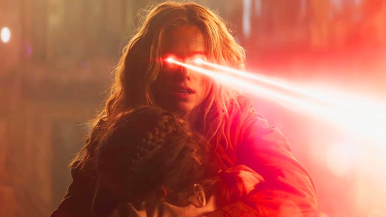 Supergirl (Milly Alcock) uses heat vision to defend Ruthye (Eve Ridley) in Supergirl (2026), DC