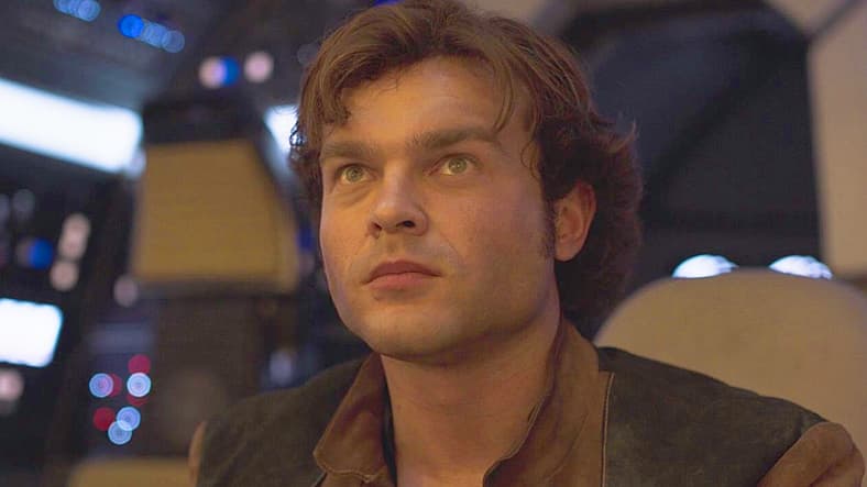 Han (Alden Ehrenreich) learns to fly the Millennium Falcon in Solo: A Star Wars Story (2018)