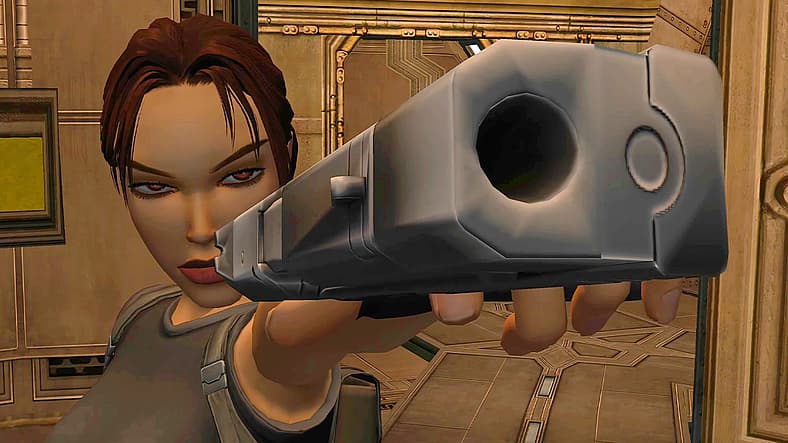 Lara Croft (Jonell Elliott) surprises Kurtis (Eric Loren) in Tomb Raider: Angel of Darkness