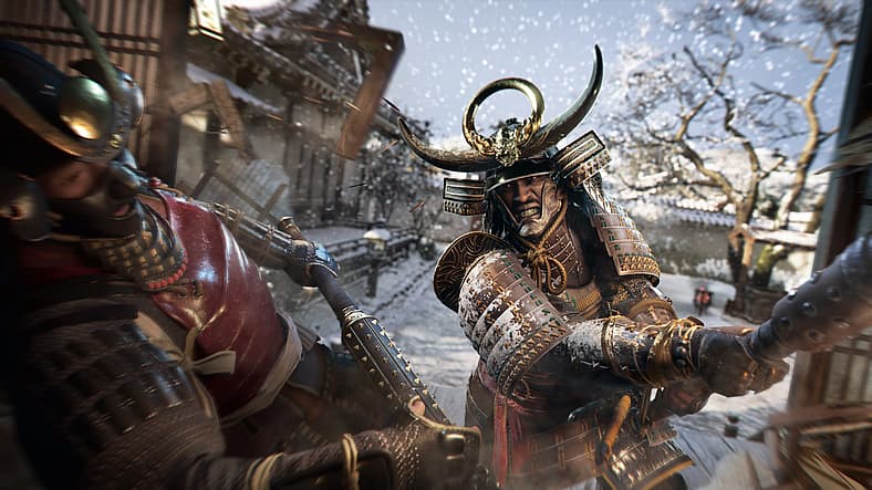 Yasuke smashes armored samurai amidst snow in Assassin's Creed Shadows (2025), Ubisoft