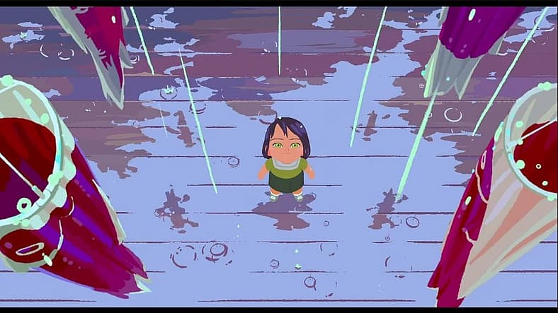 Amelia looks up while standing in the rain in Little Amélie or the Character of Rain (2025), Ikki