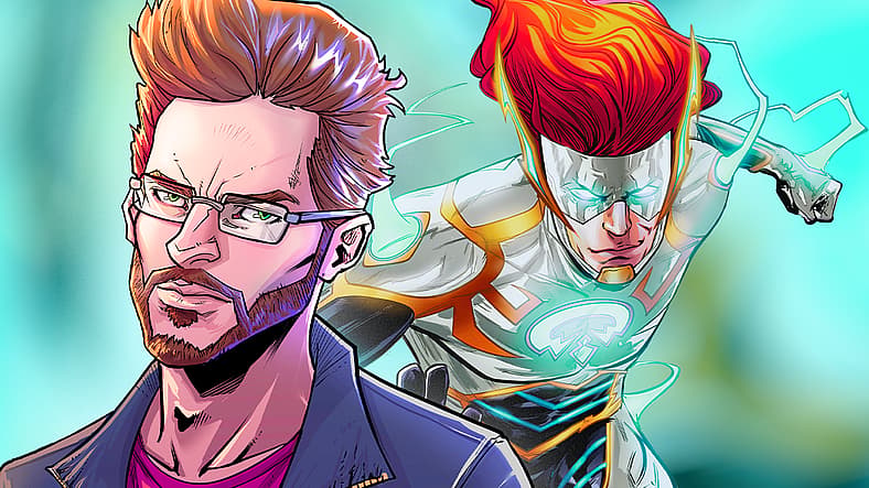 Andrew Rodriguez and his debut hero Blue-Shift by Edu Souza and Andrew Cramer, RippaVerse Creative