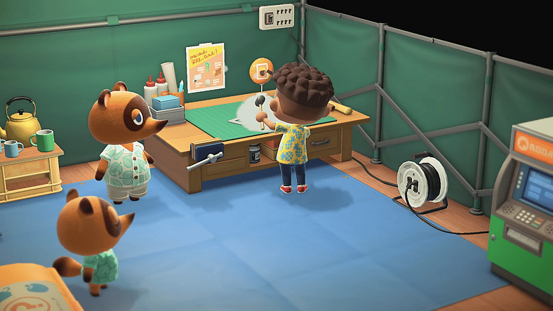 The player crafts something in Tom Nook's tent in Animal Crossing: New Horizons (2020), Nintendo