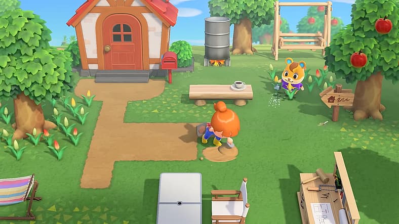 Player makes dirt path in front of house in Animal Crossing: New Horizons (2020), Nintendo