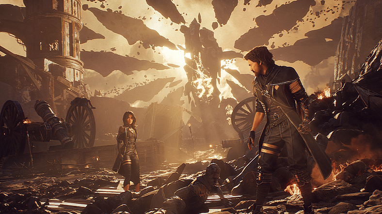 Gustave and Lune stand before the monolith in Clair Obscur: Expedition 33 (2025), Kepler Interactive