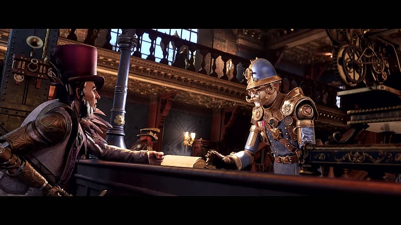 Steam-punk police officer fails to calm Lord Griswick in Clockwork Revolution (TBA), Xbox Game