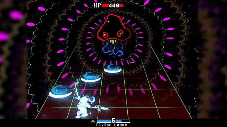 The soul builds energy to attack the neon jellyfish in Everhood 2 (2025), Foreign Gnomes