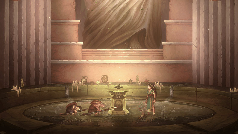 Kratos and Deimos bow before Eleonora in Nike's Temple in God of War Sons of Sparta (2026), Sony