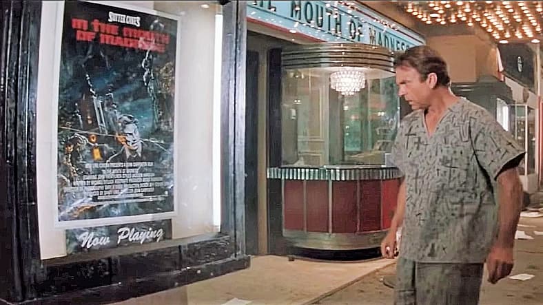 John Trent (Sam Neill) sees poster for his film in In The Mouth of Madness (1995), New Line Cinema