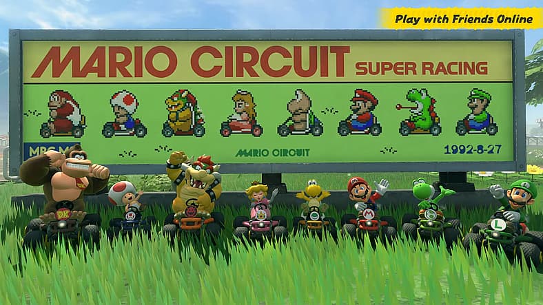 Various racers pose in front of a retro billboard in Mario Kart World Direct 4.17.2025, YouTube