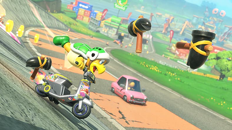 Hammer Bro barely in control on his bike in Mario Kart World (2025), Nintendo