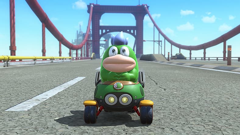 Spike (TBA) drives down a long bridge in Mario Kart World (2025), Nintendo