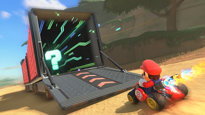 Mario (Kevin Afghani) drives his kart into the back of a truck in Mario Kart World (2025), Nintendo