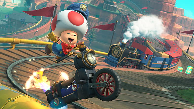 Toad (Samantha Kelly) performs motorbike tricks in Mario Kart World (2025), Nintendo