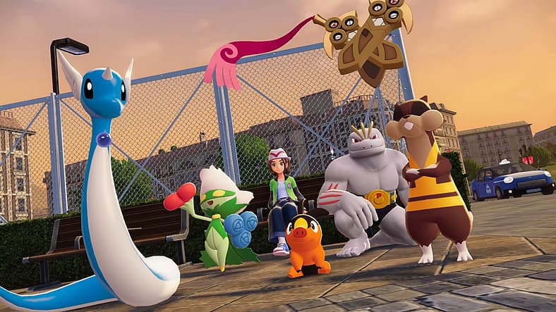 The player rests on a bench, surrounded by their Pokémon in Pokémon Legends: Z-A (2025), Nintendo
