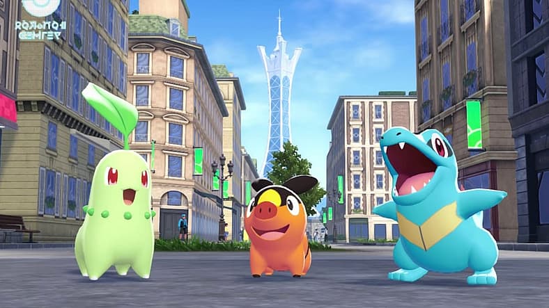 Chikorita, Tepig, and Totodile on streets of Lumiose City in Pokémon Legends: Z-A (2025), Nintendo