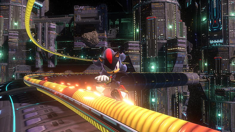 Shadow grinds rails outside Space Colony ARK in Sonic X Shadow Generations (2024), SEGA