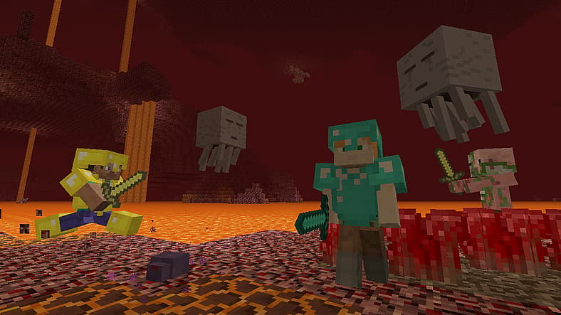 Players explore The Nether avoiding Ghasts in Minecraft (2011), Mojang Studios, Xbox Game Studios