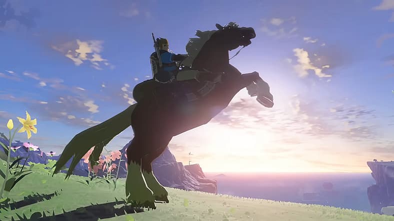 Link rears his steed in Hyrule's grassy fields in The Legend of Zelda: Tears of the Kingdom (2023)