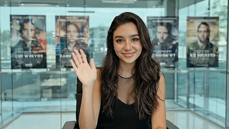 AI product 'Tilly Norwood' waves to the camera in AI Commissioner/Comedy Sketch (2025), Particle6 TV