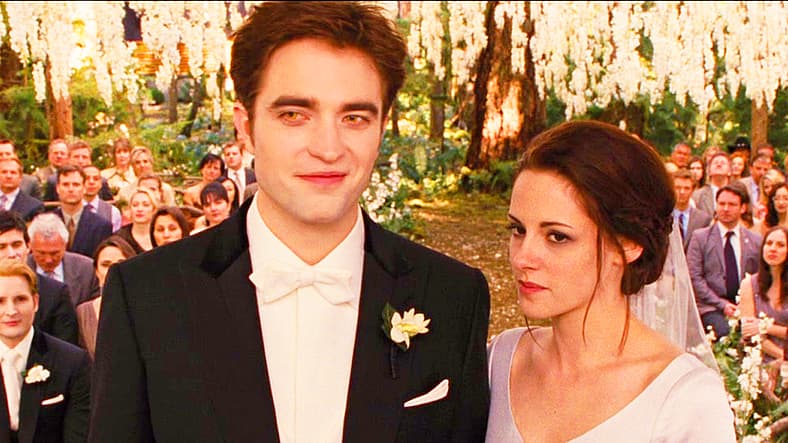 Edward (Robert Pattinson) and Bella (Kristen Stewart) tie the knot in The Twilight Saga: Breaking